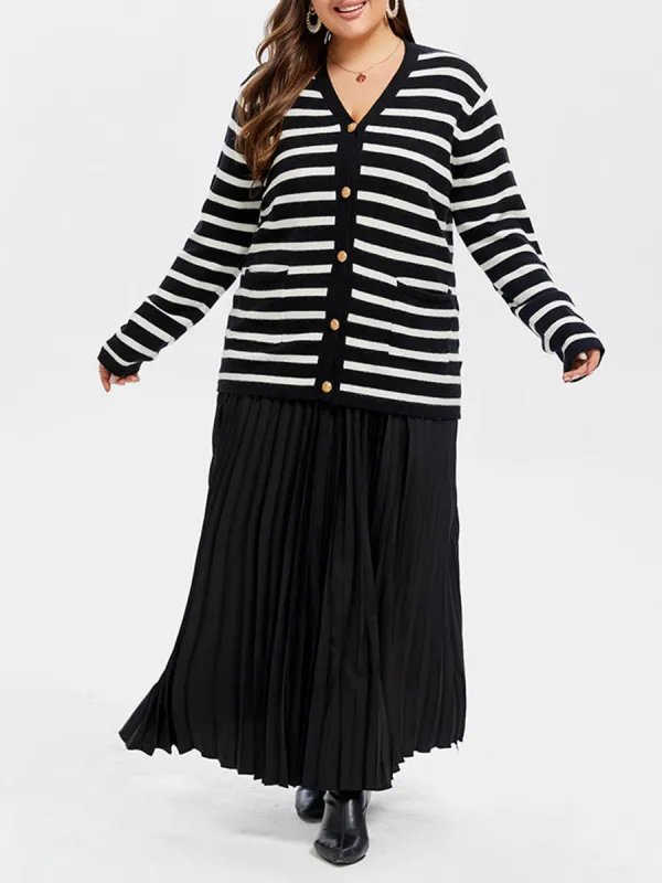 Striped Pattern Double Pocket Button Front Tunic Cardigan