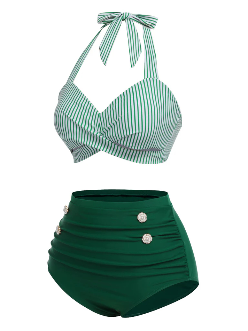 GREEN 1940S STRIPED HALTER SWIMSUIT SET