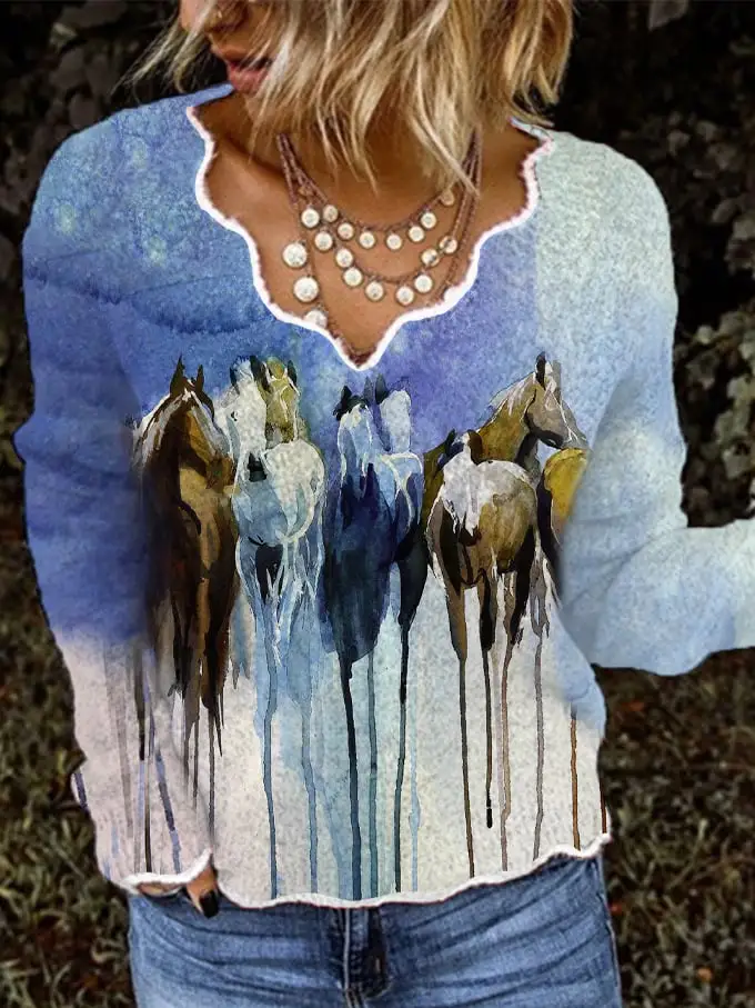 🔥Buy 3 Get 10% Off🔥🔥Buy 3 Get 10% Off🔥Women's Western Horse Oil Painting Print Long Sleeve Top