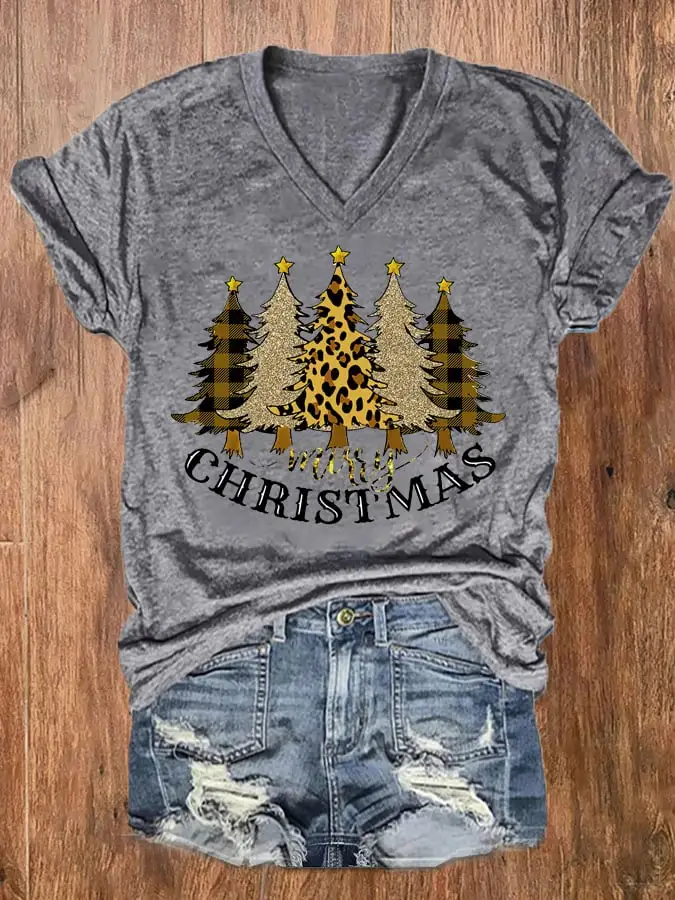 Women's Merry   Shiny Leopard   Tree V-Neck Tee