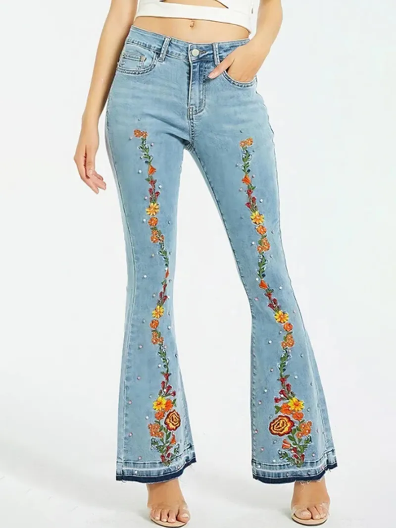 Denim embroidered bell bottoms