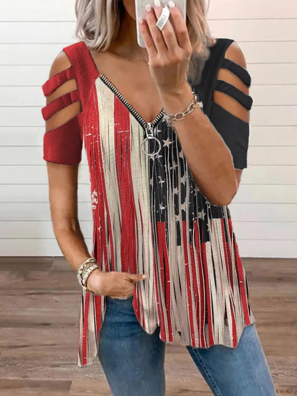 American Flag Inspired Tassels Hollow Shoulder T Shirt