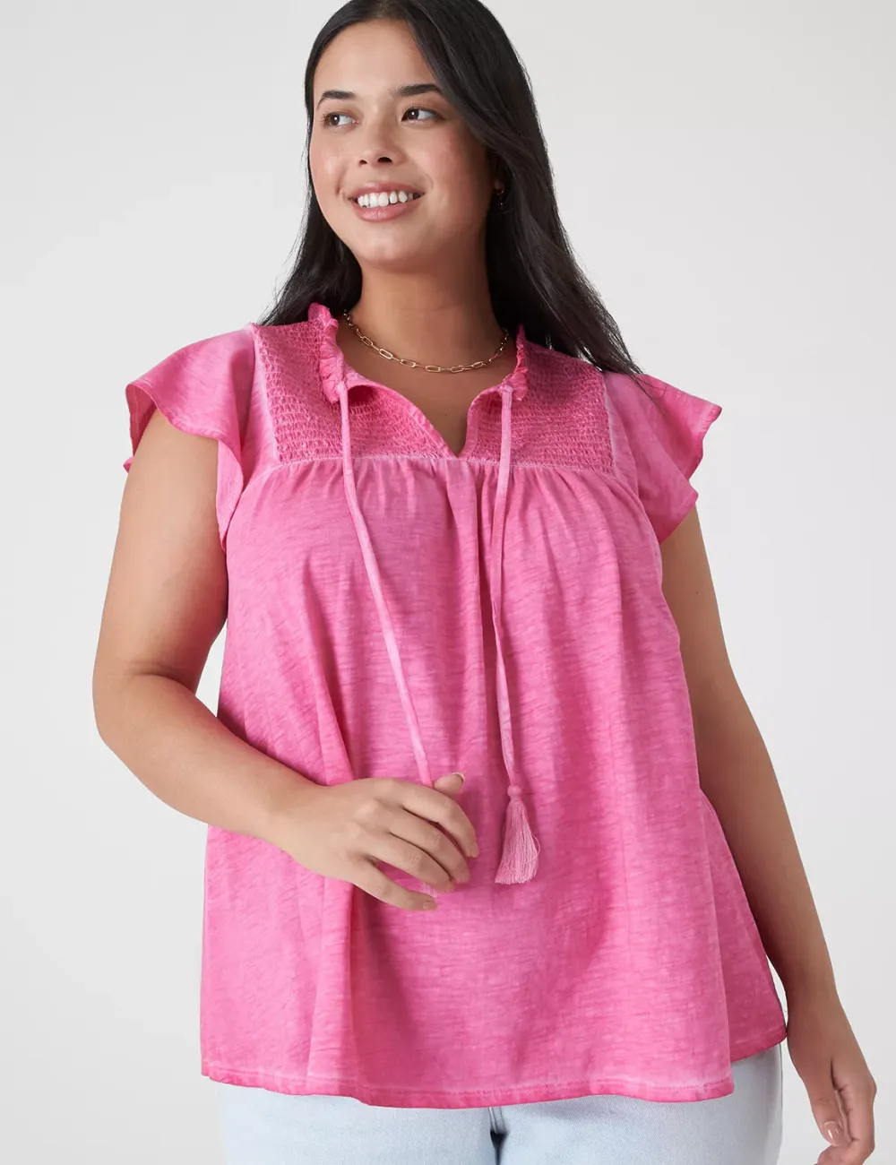 Swing Ruffle-Neck Smocked-Yoke Tee