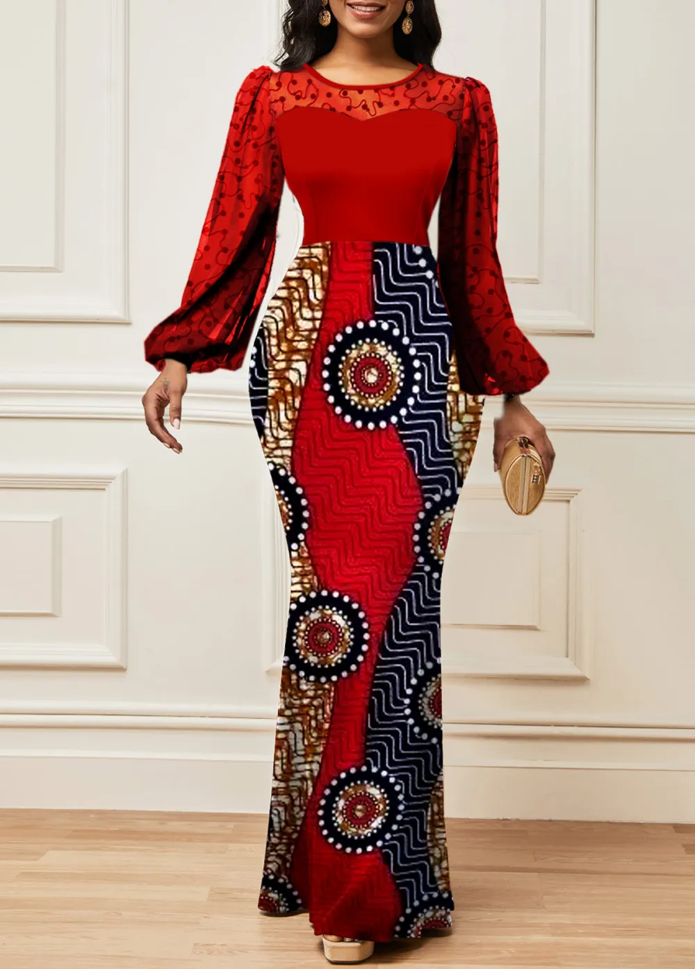 Tribal Print Lace Red Long Sleeve Maxi Bodycon Dress