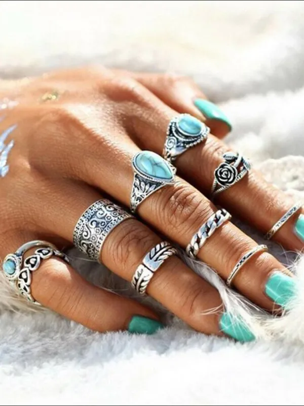 Vintage Totem Flower Turquoise 10-piece Joint Combination Ring