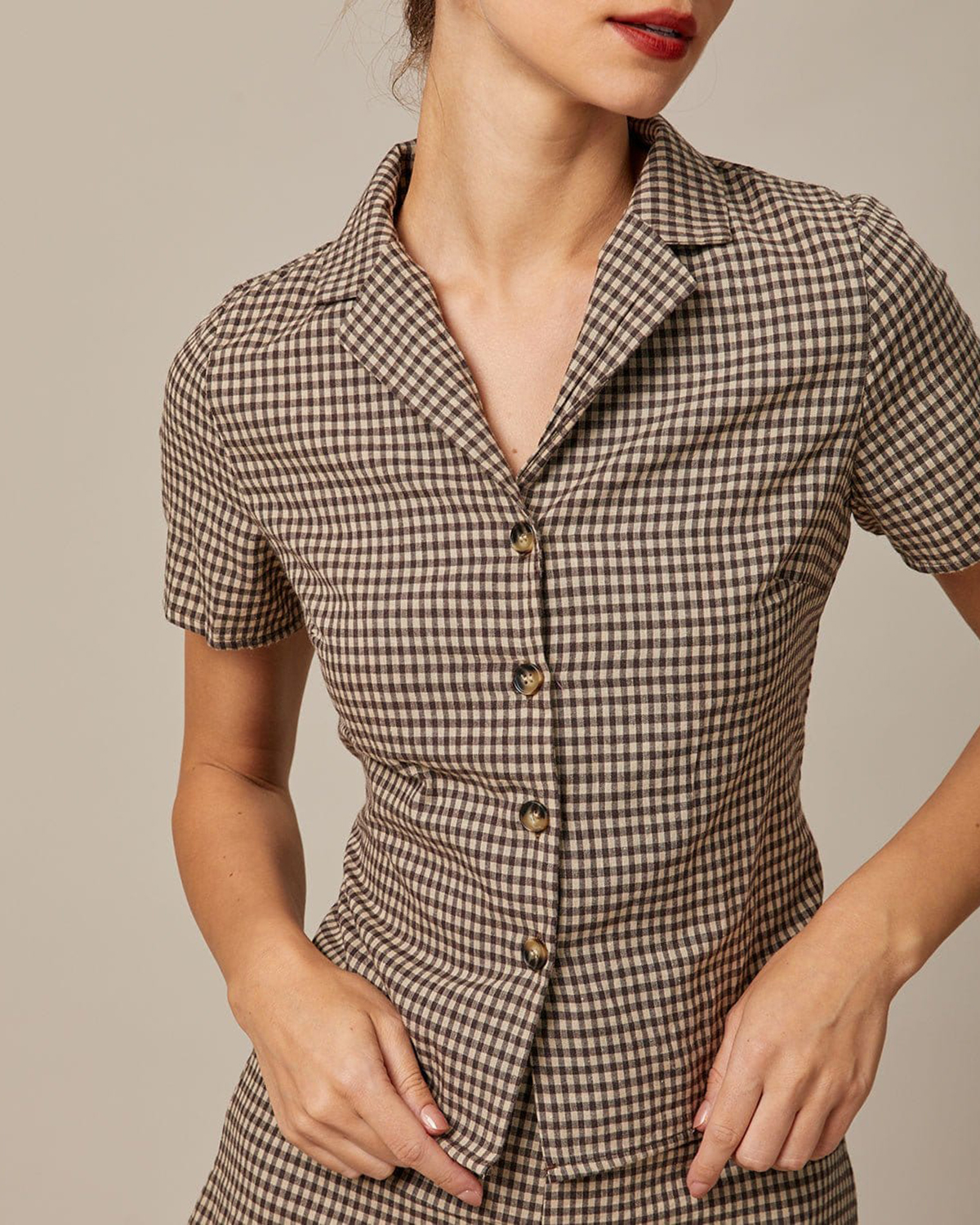 The Brown Lapel Plaid Short Sleeve Blouse