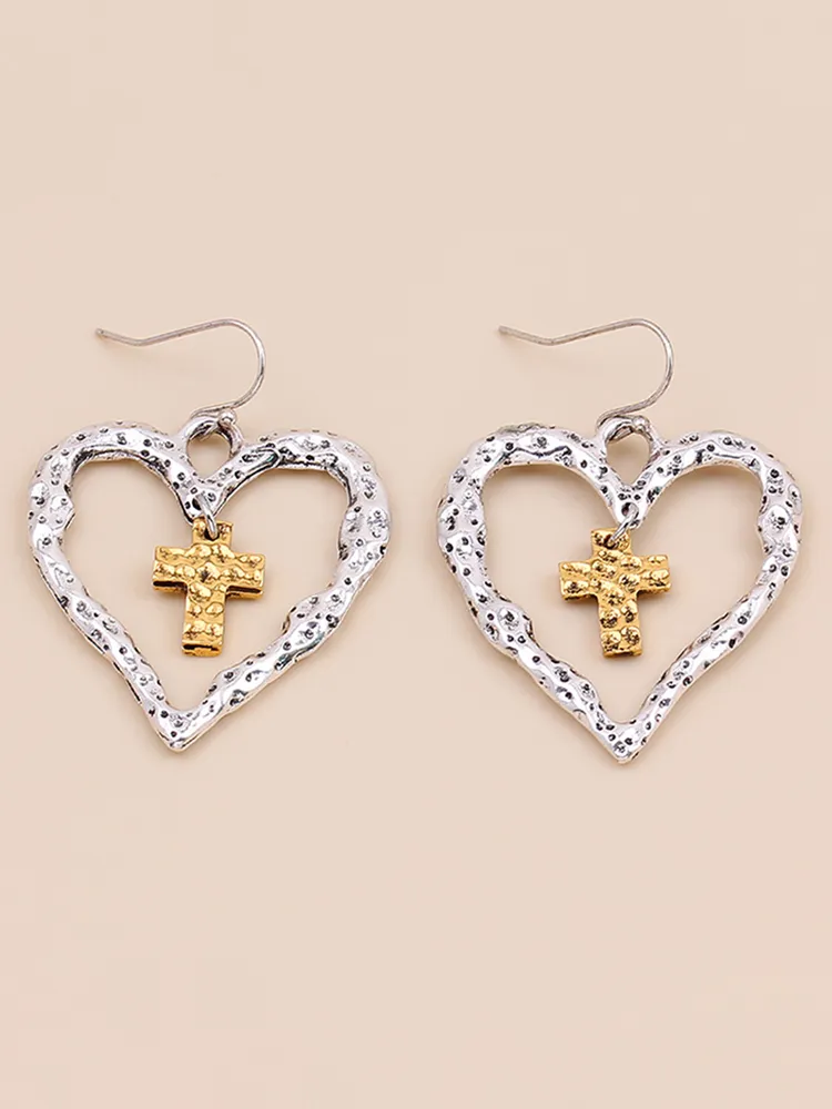 Vintage Cutout Heart Cross Earrings