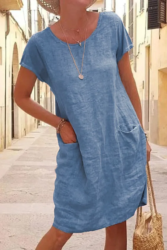 Women Summer Loose Pocket Short Sleeve Round Neck Linen Dress