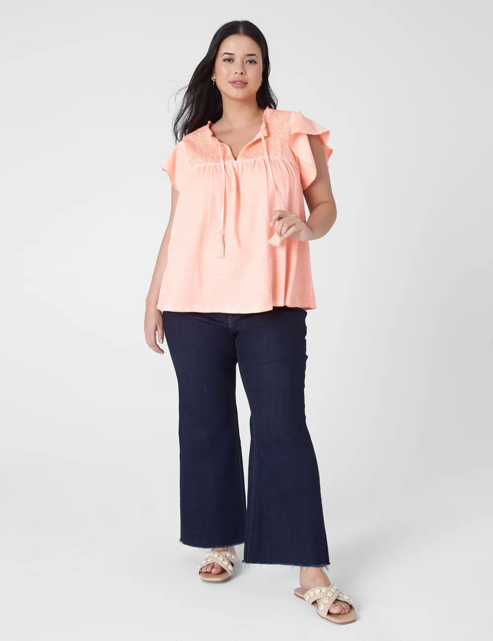 Swing Ruffle-Neck Smocked-Yoke Tee