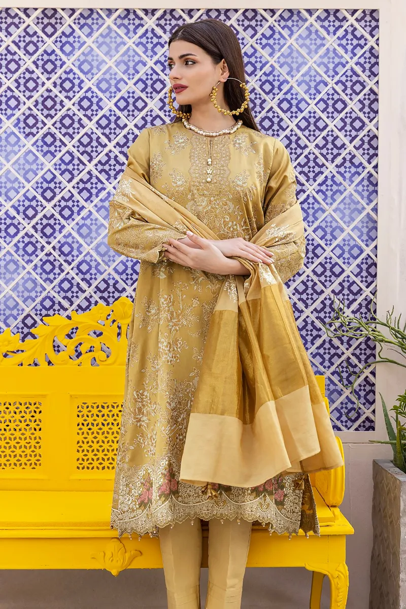 3 Piece Kurta Embroidered | Dupatta& Bottom & Tops | Color Golden