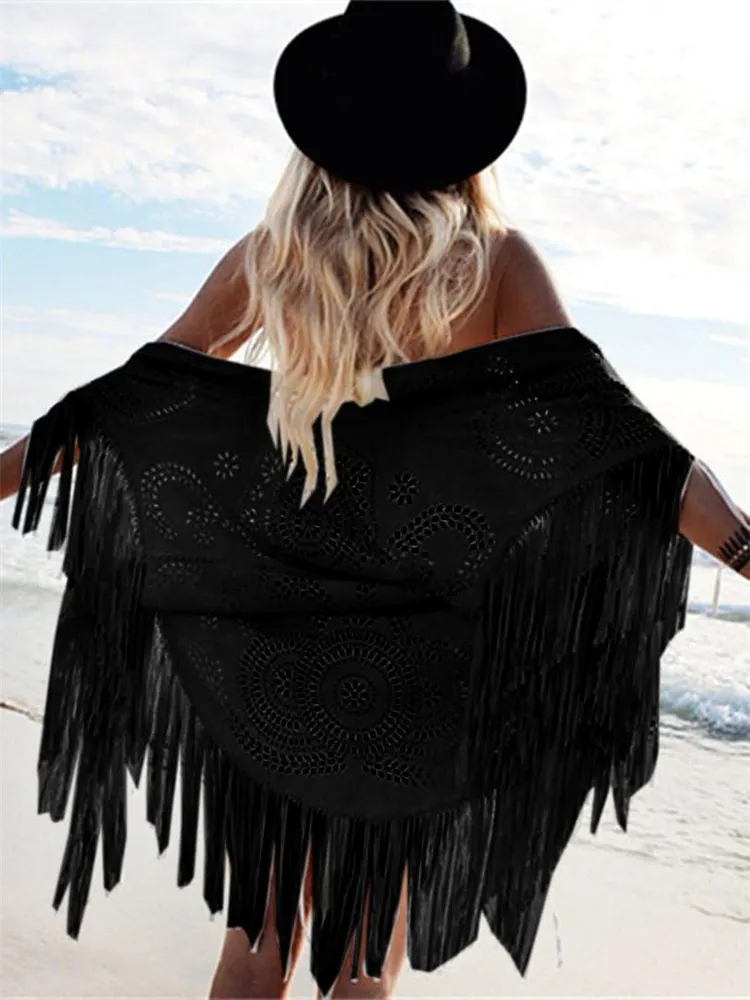 Western Hollow Carved Tassels Suede Shawl