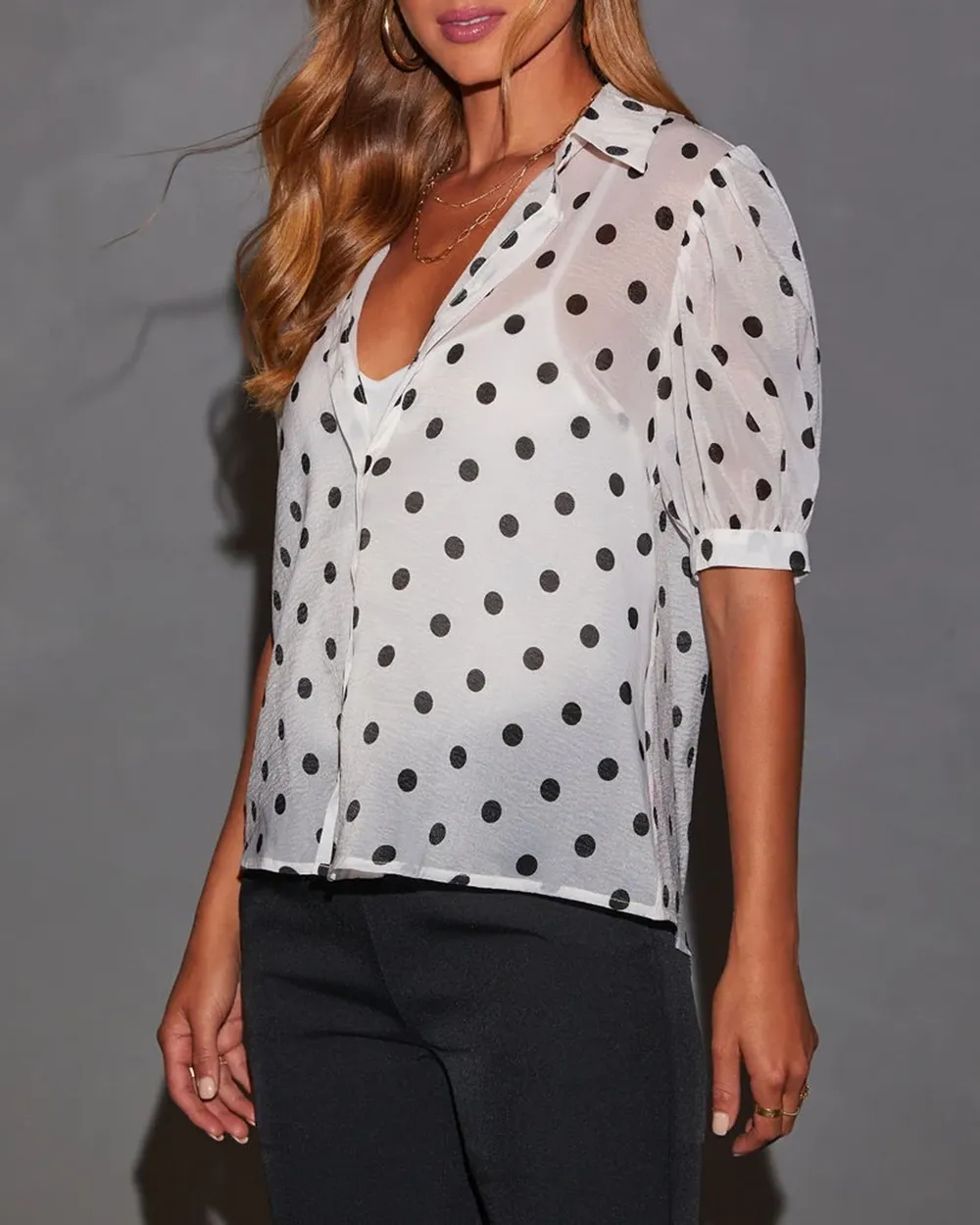 Spotted You Button Down Puff Sleeve Top