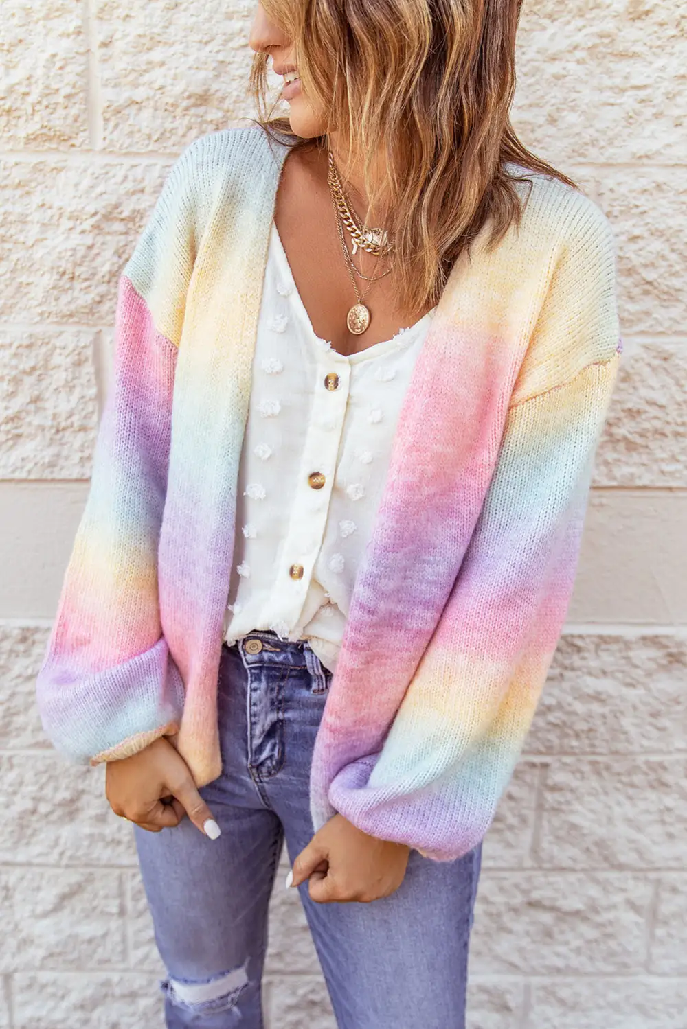 Multicolor Ombre Tie-Dye Drop Shoulder Cardigan