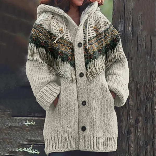 Women's Tribal Tassels Cozy Hooded Cardigan