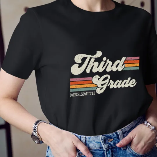 Personalized Grade And Name Retro Horizontal Stripes Teacher T-Shirt