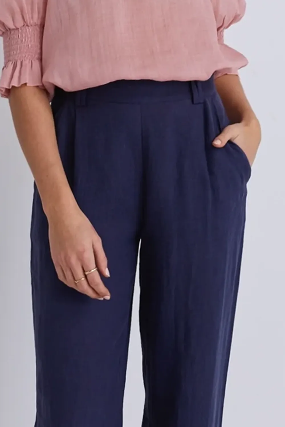 Bestow Navy Linen Elastic Back Wide Leg Pants