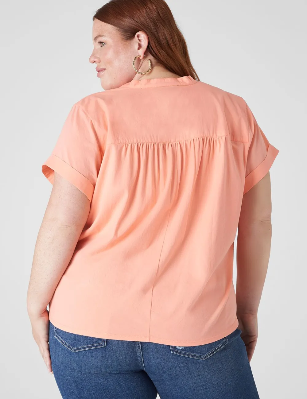 Relaxed Ruffle Notch-Neck Woven-Front Top