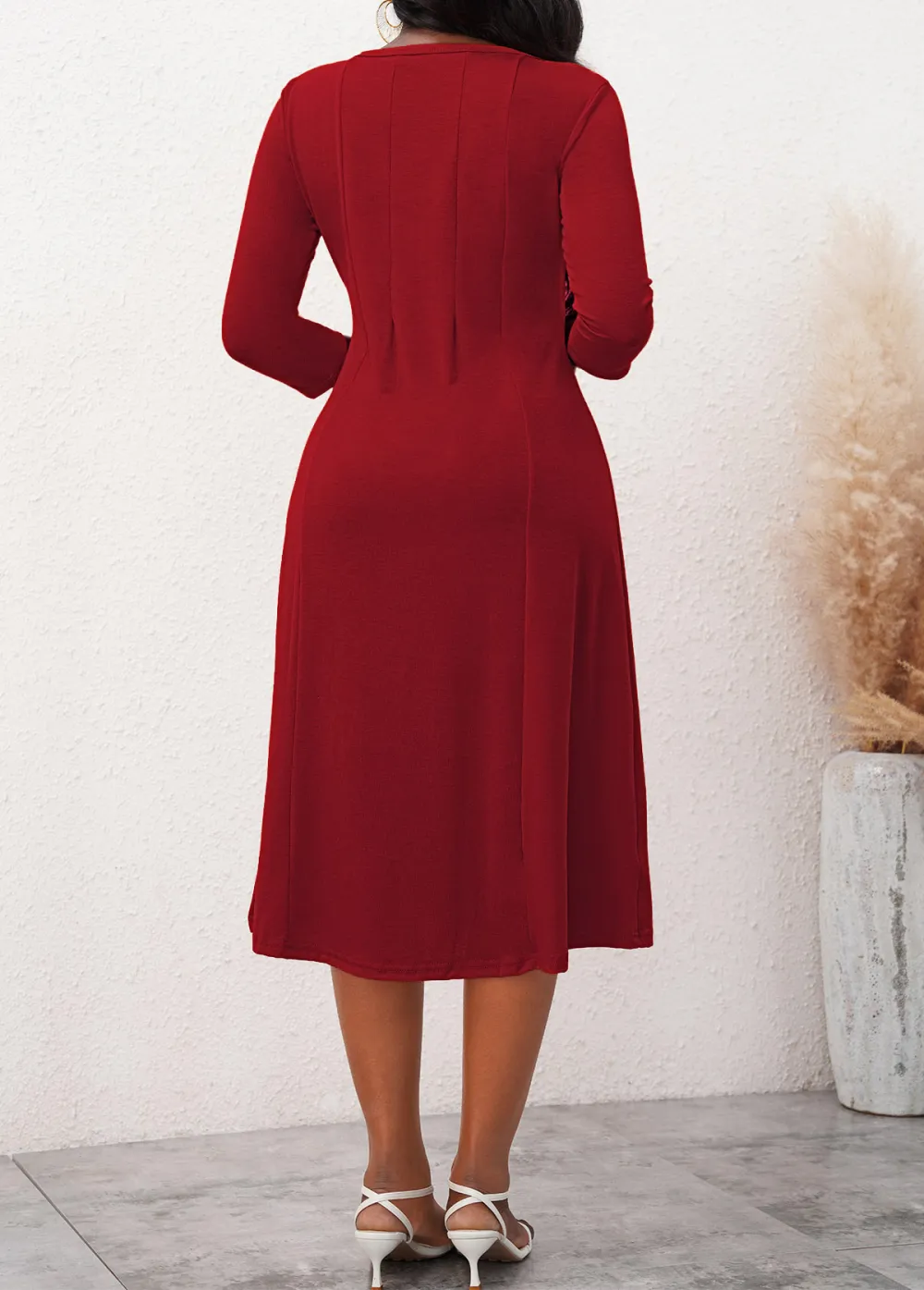 3/4 Sleeve Wine Red Round Neck Dress