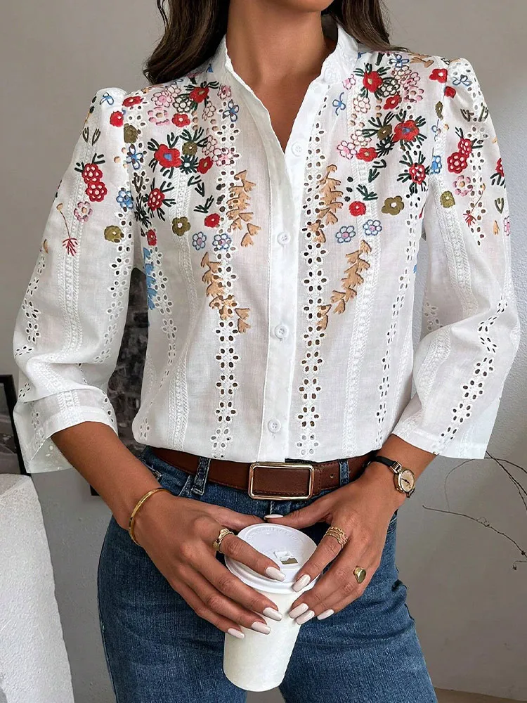 Women's Casual Retro Ethnic Style Embroidered Hollow Cotton Shirt