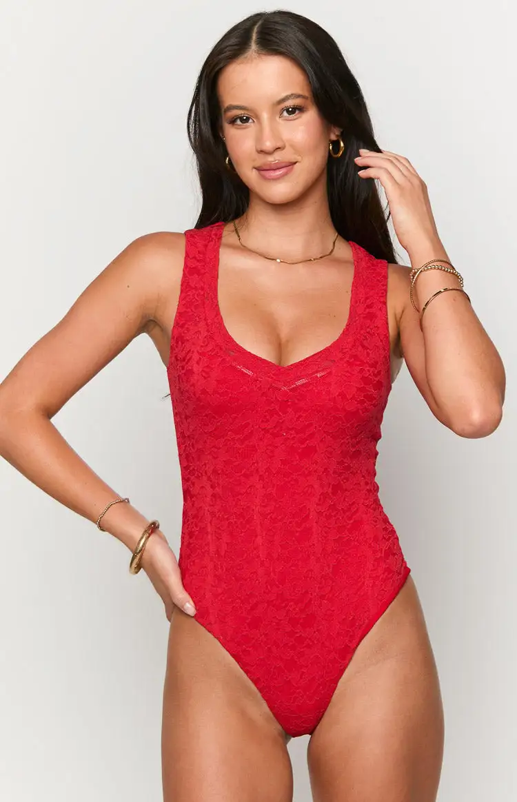 Miami Red Lace V-Neck Bodysuit