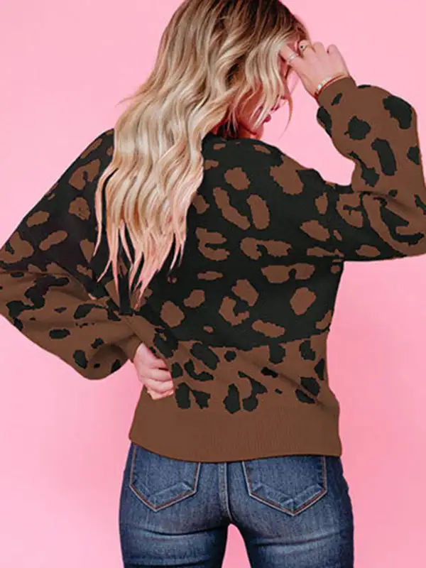 Urban Puff Sleeves Leopard Two-Tone Round-Neck Sweater Tops