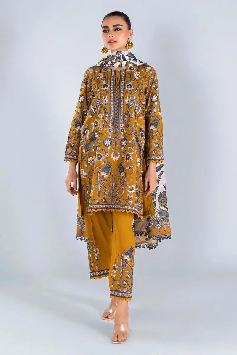 3 Piece Kurta Embroidered | Dupatta& Bottom & Tops | Color Ginger yellow