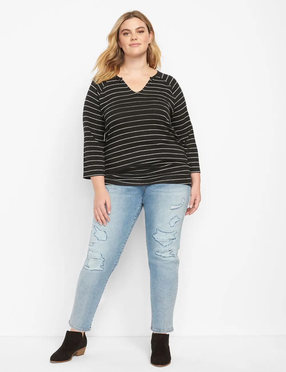 Classic 3/4-Sleeve Notch-Neck Ruched-Side Tee