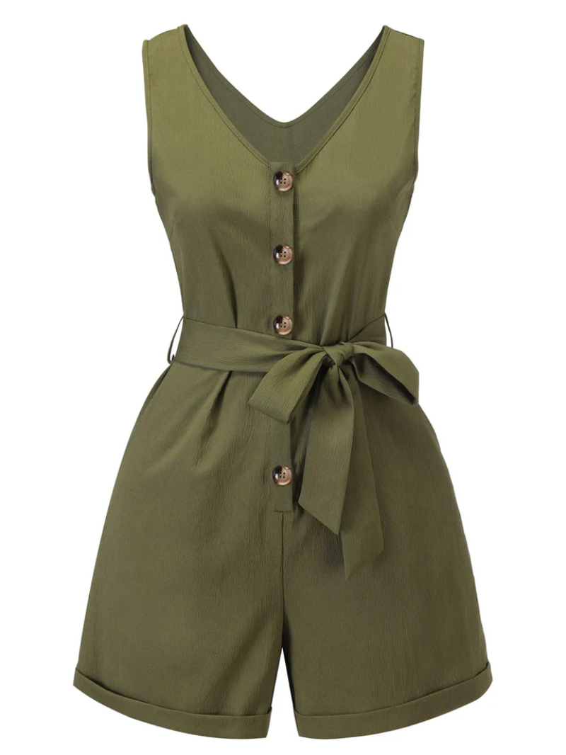 ARMY GREEN 1950S V-NECK BUTTON WAIST TIE ROMPER