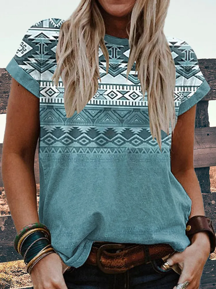 Western Geometric Pattern Print Casual Cozy T-Shirt