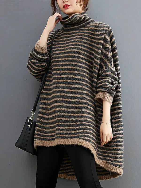 Loose Striped High-Low Heaps Collar Long Sleeves Knitwear