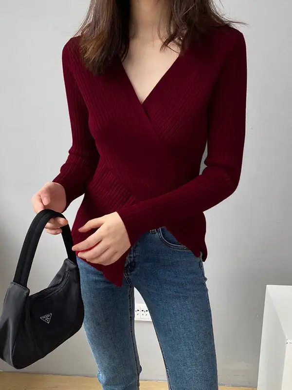 Chic Simple 5 Colors Split-Front V-Neck Long Sleeves Knitted Sweater Tops