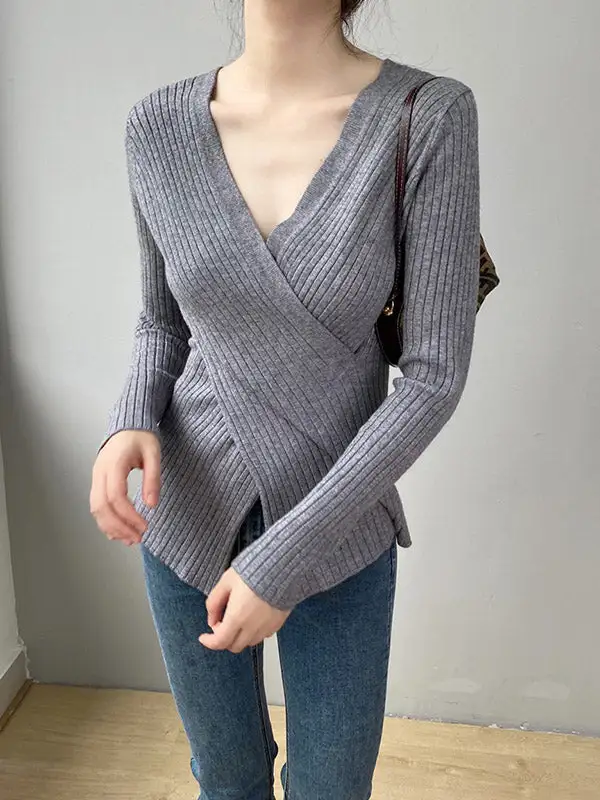 Chic Simple 5 Colors Split-Front V-Neck Long Sleeves Knitted Sweater Tops