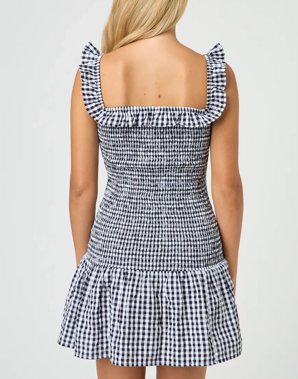 Shirred Gingham Mini Dress