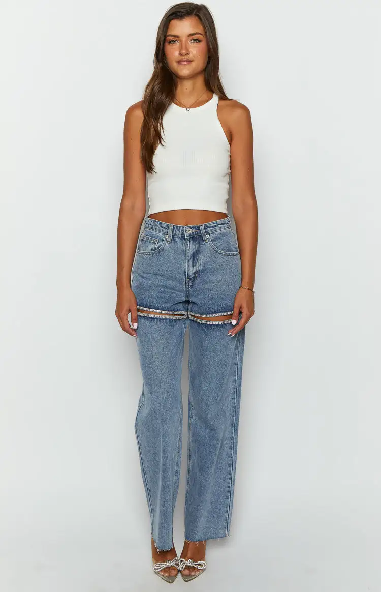 Gem Diamante Trim Wide Leg Denim Jeans