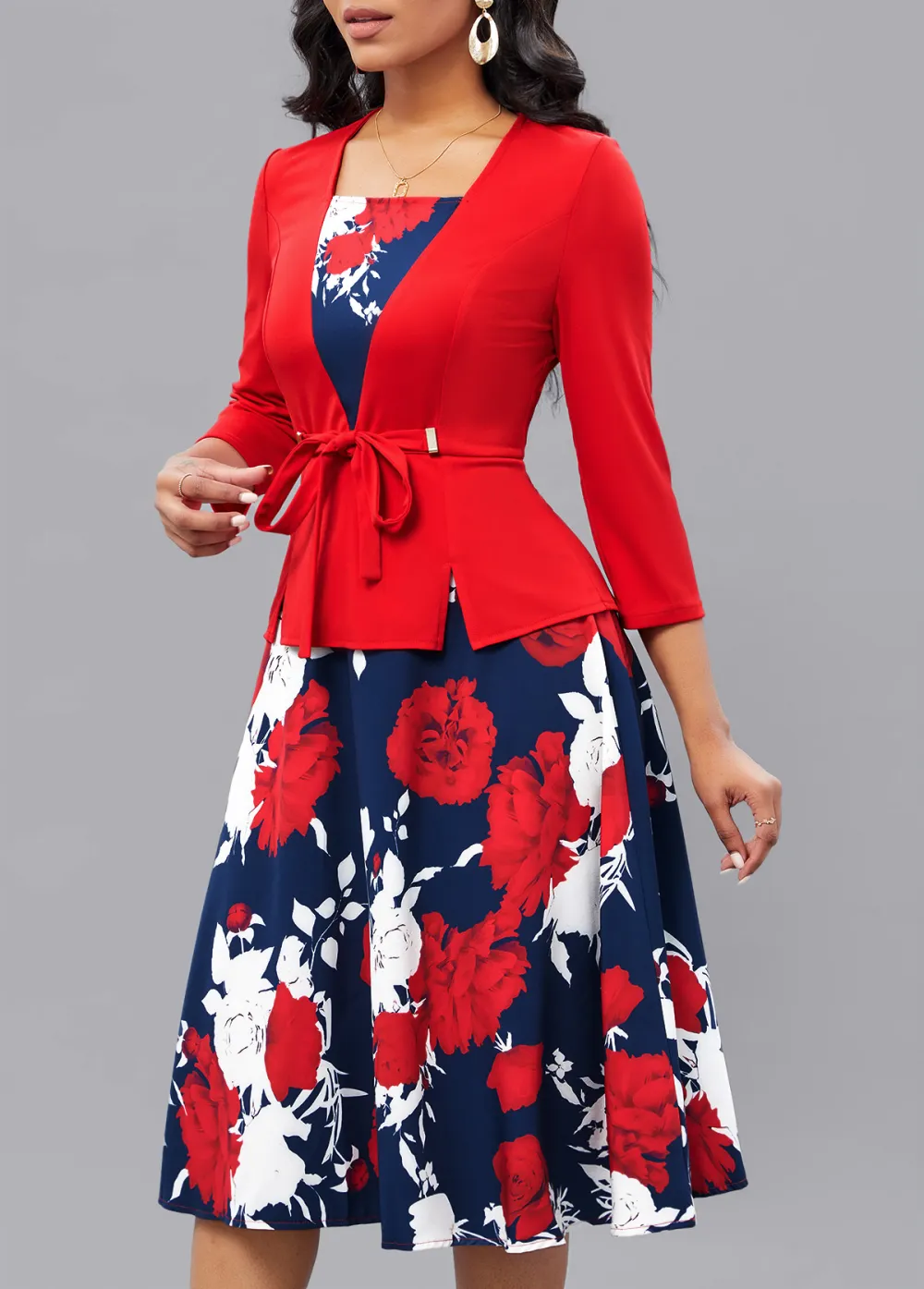 Floral Print Fake 2in1 Belted Red Square Neck Dress