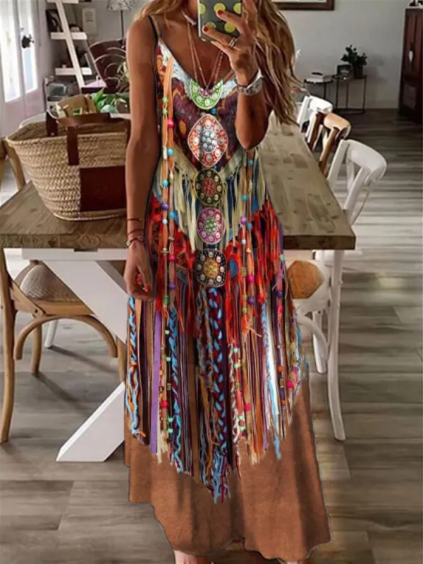 Western Colorful Multi-Layered Fringe Halter Maxi Dress