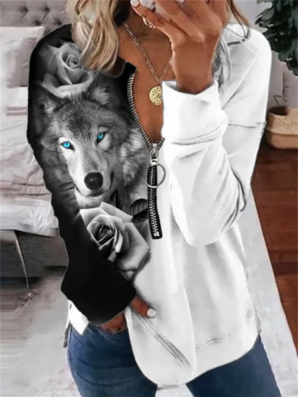 Wild Wolf with Roses Contrast Color Zip Up Sweatshirt