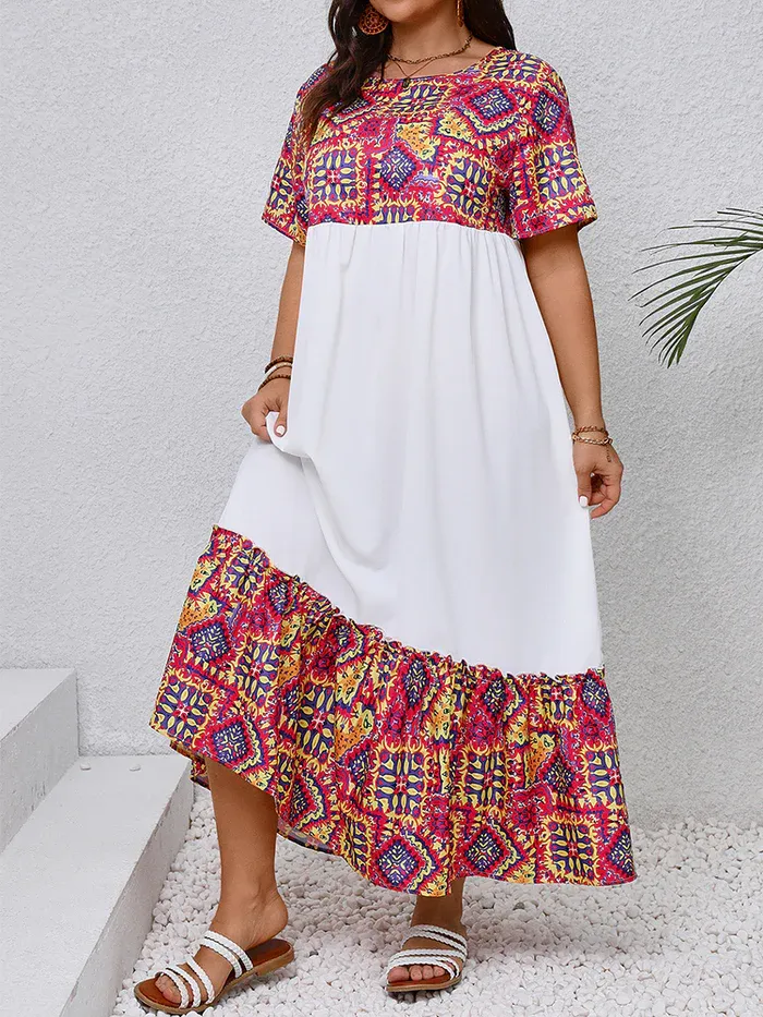 Colorblock Contrast Patchwork Geometric Print Round Neck Dress