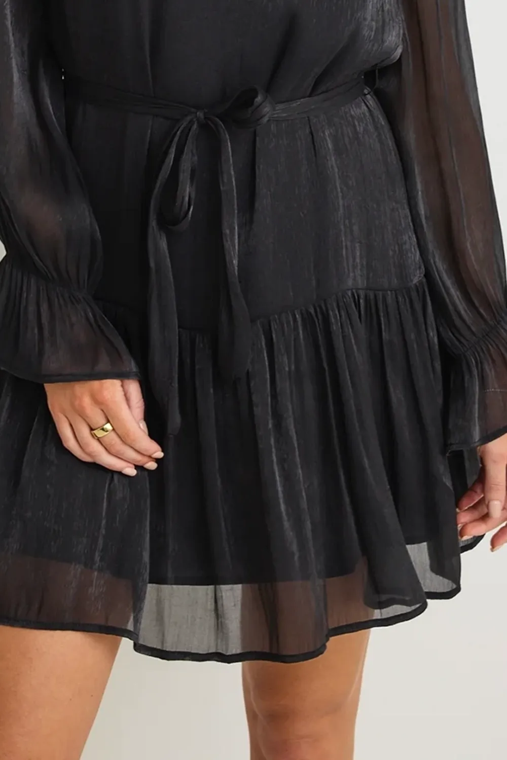 Liquid Black Shimmer LS Shift Mini Dress