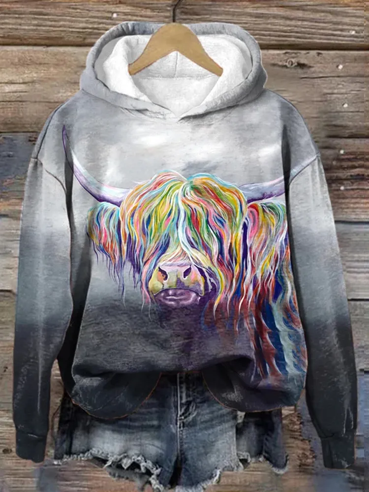 Women's Rainbow Highland Cow Print Casual Hoodie