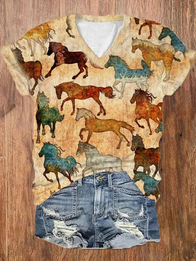 Women's Vintage Western Horse Print T-Shirt