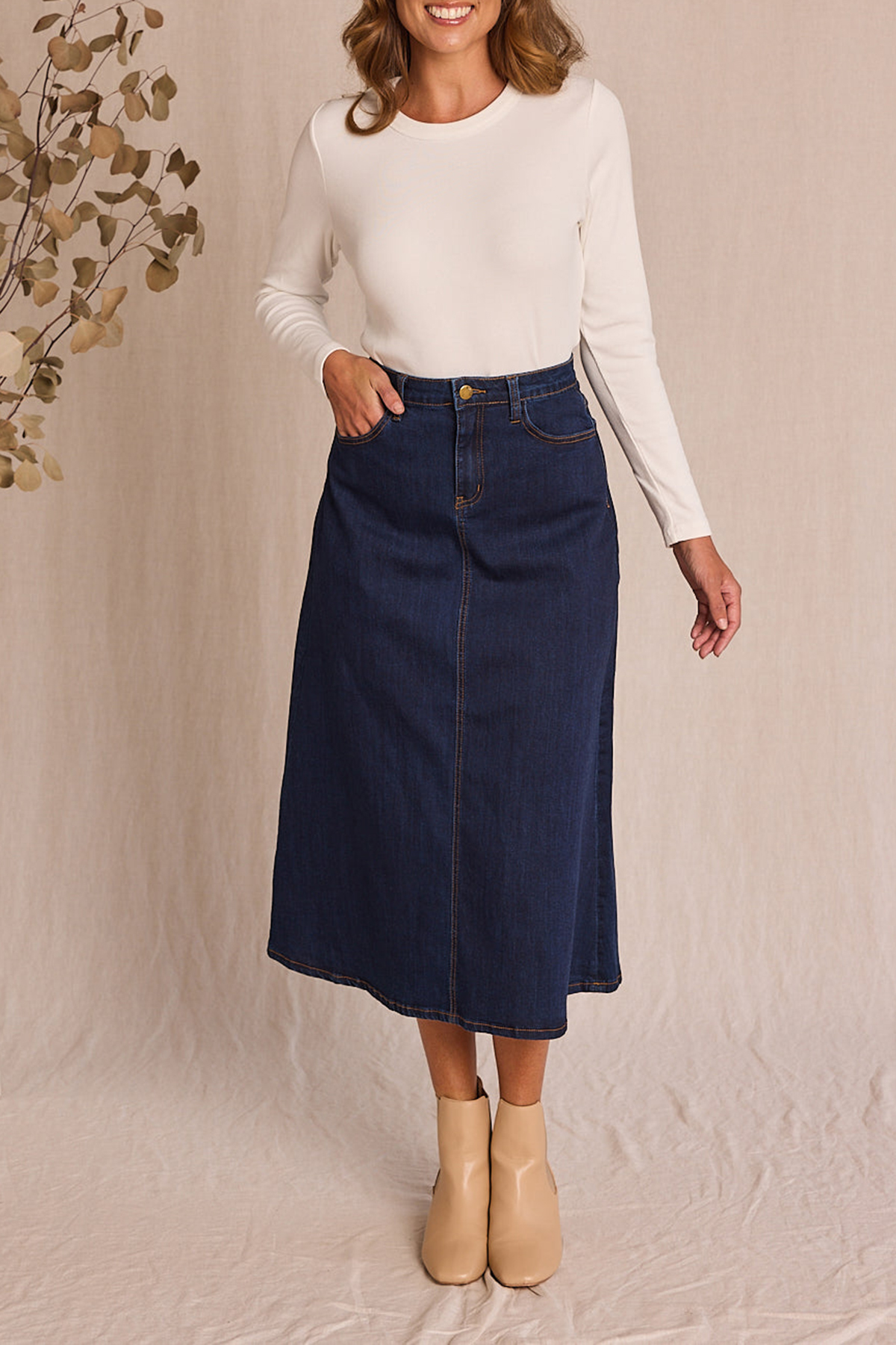 Adrift Denim A-Line Skirt in Dark Wash