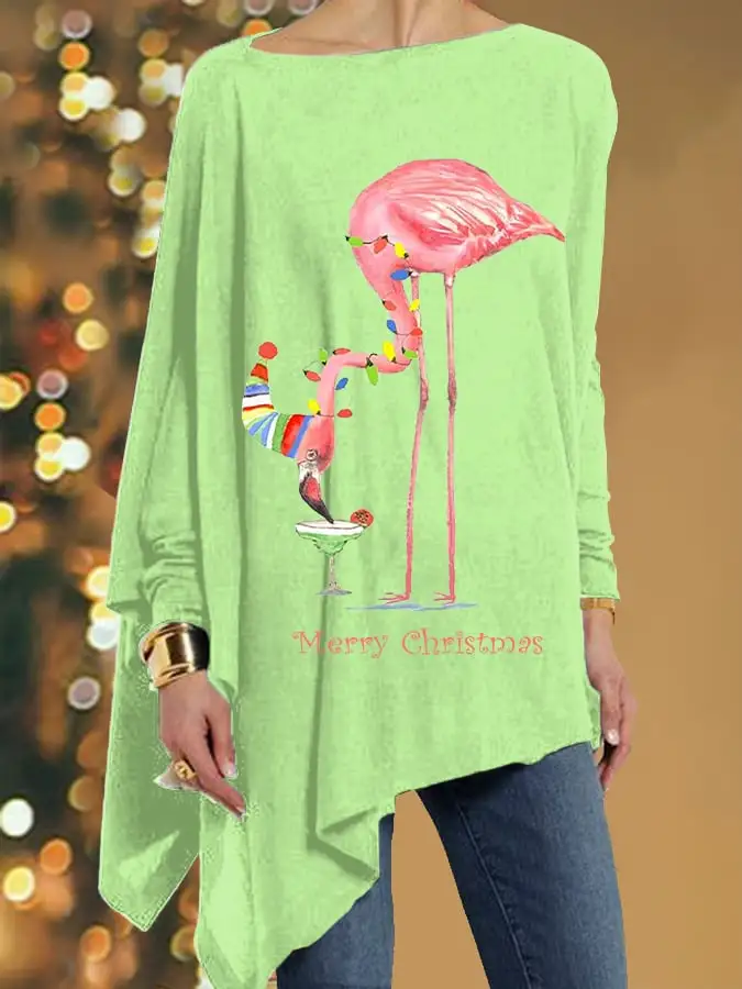 Women's Merry   Flamingo Print Irregular Top