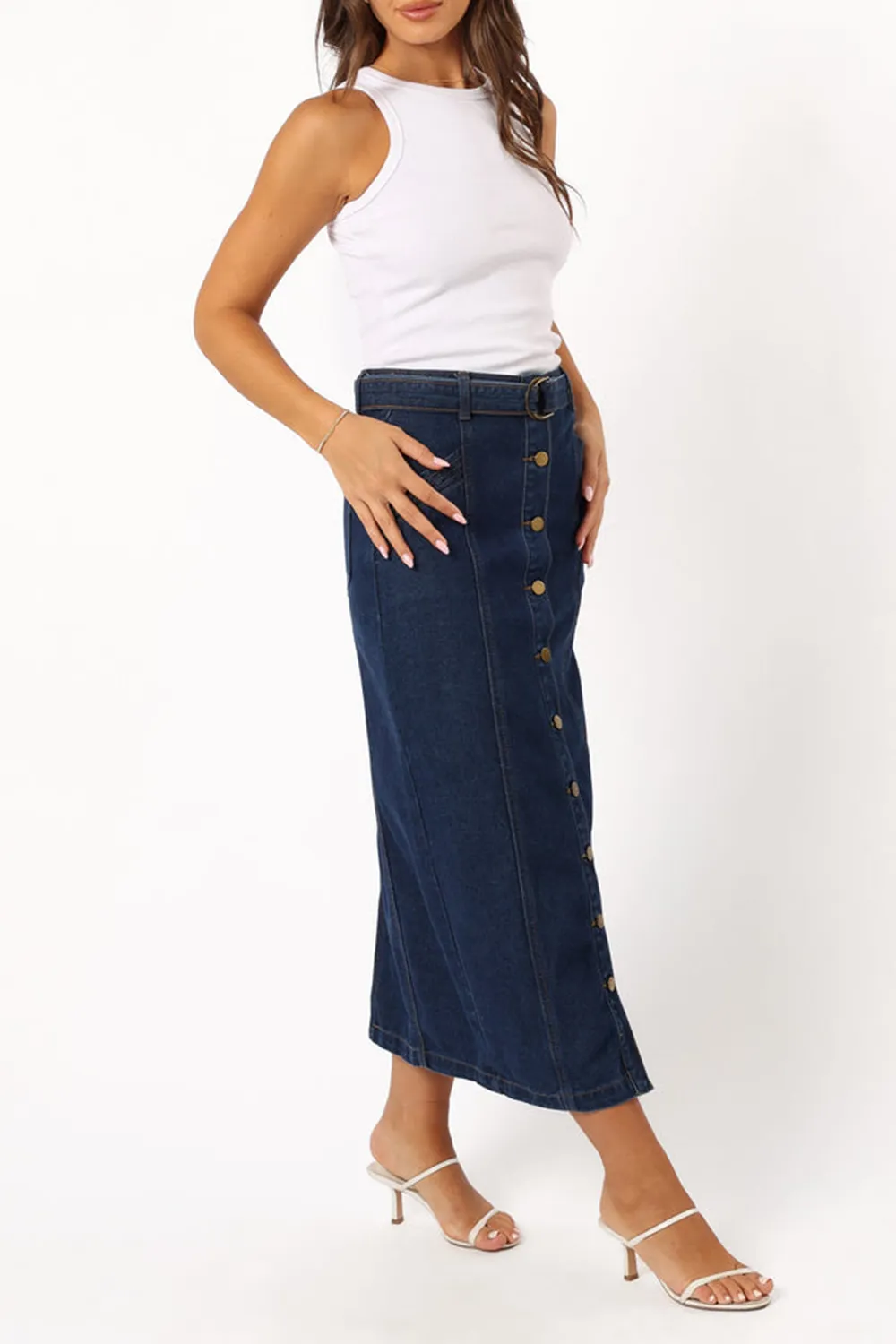 MELODY BELTED DENIM MIDI SKIRT - MID WASH