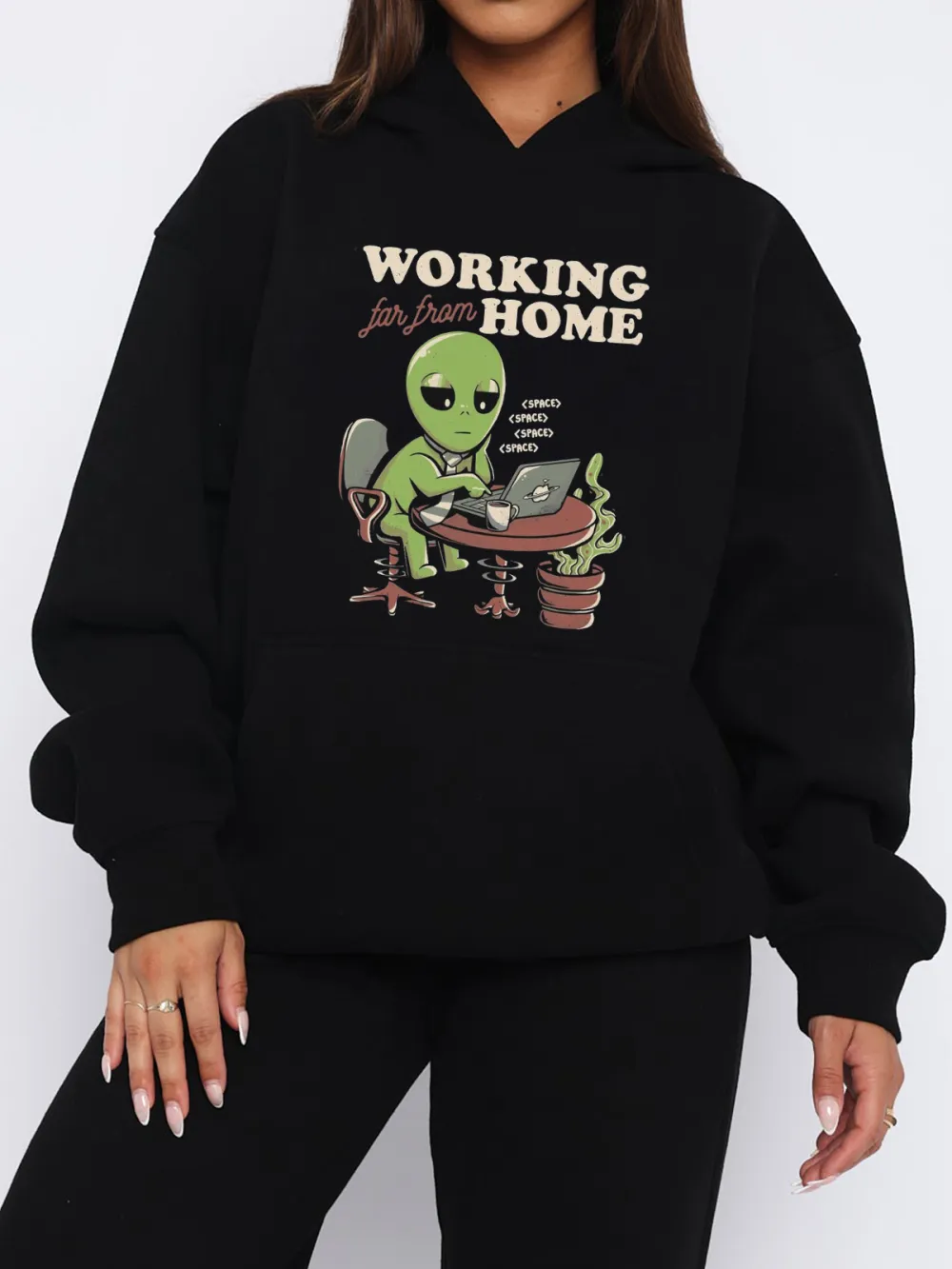 WORKING FAR FROM HOME PATTERN PRINTED HOODIE