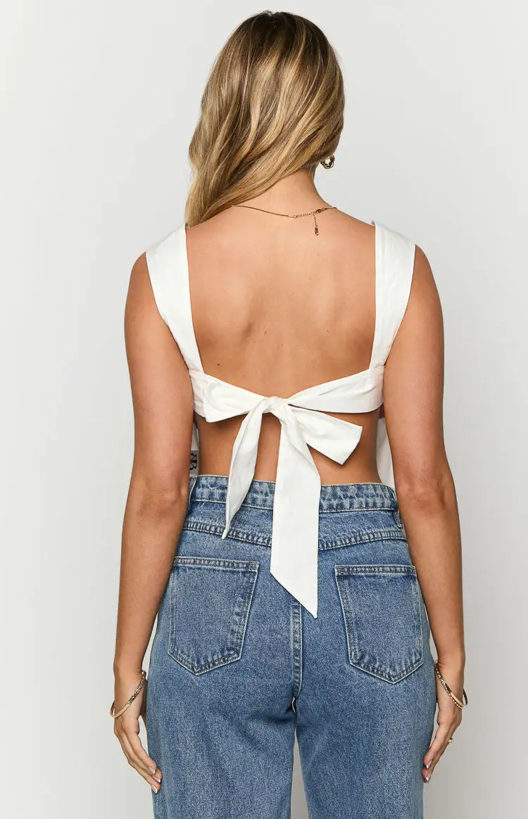 Mika White Ribbon Tie Back Top