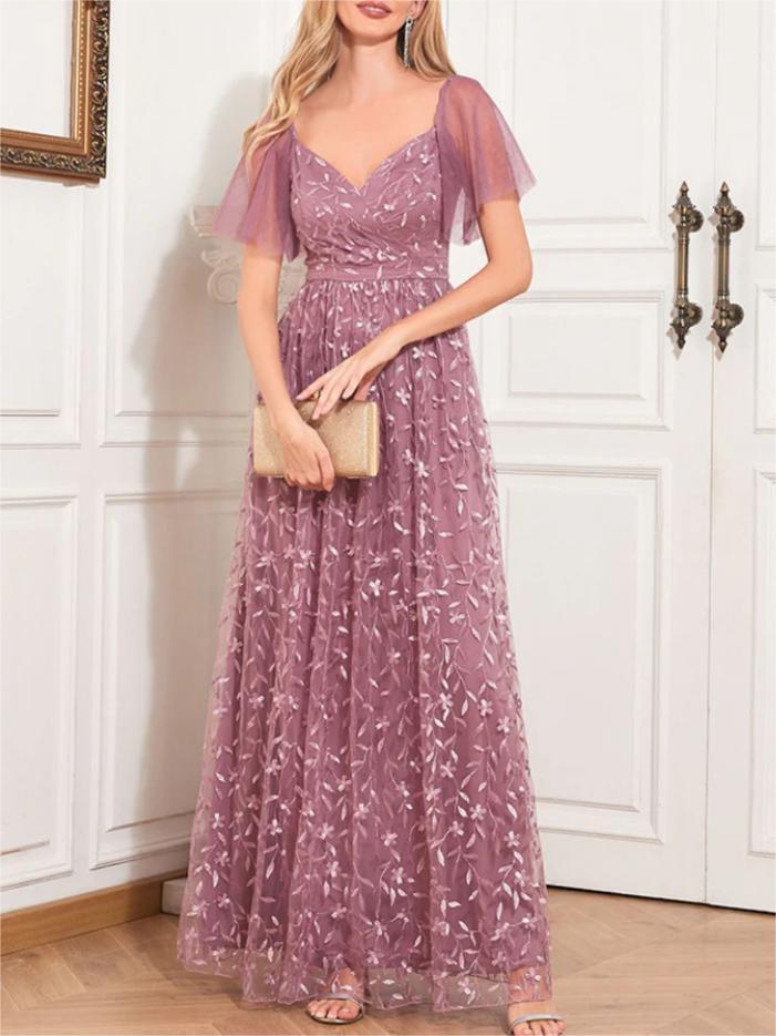 1920S SOLID SWEETHEART NECKLINE EMBROIDERED LONG DRESS