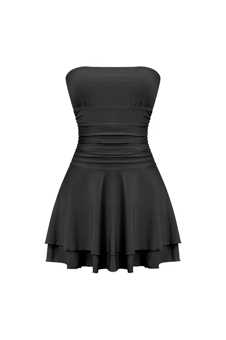 Strapless Ruched Ruffle Tiered Mini Dress