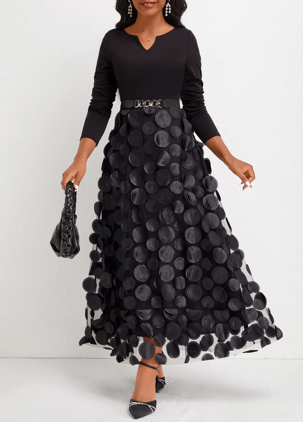 Patchwork Black Split Neck Long Sleeve Maxi Dress