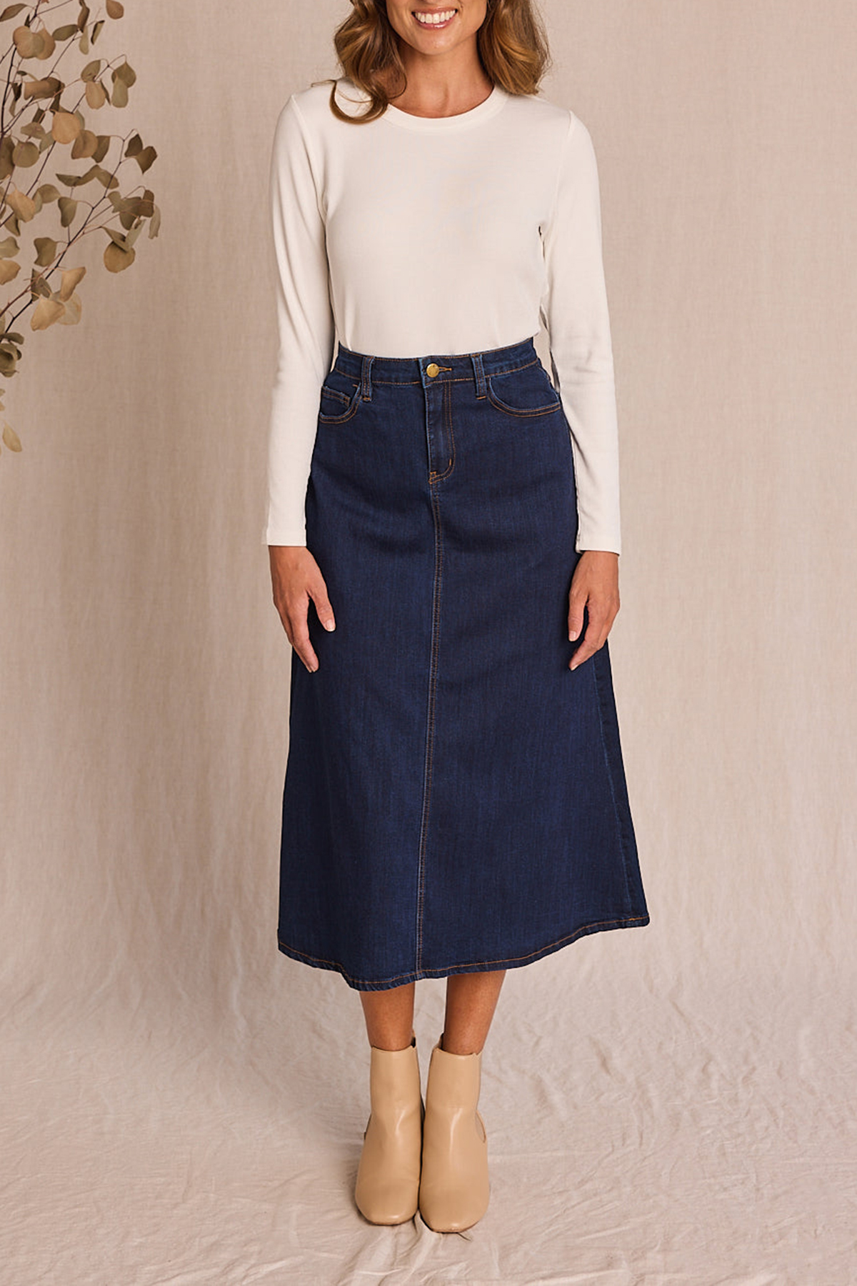 Adrift Denim A-Line Skirt in Dark Wash